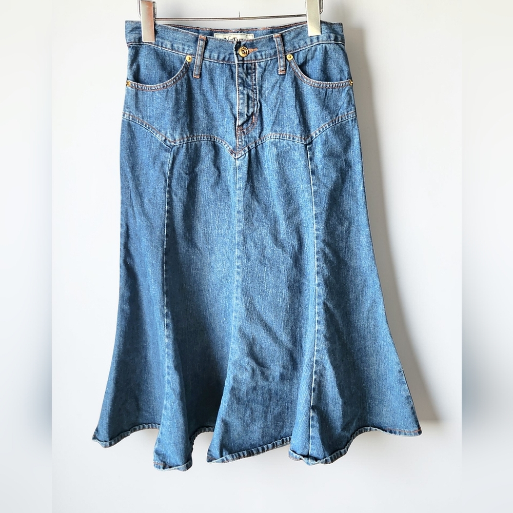 No Fuze Denim Midi Skirt Western Cut Flare Womens 7 8 Retro 90s Cottage Vintage